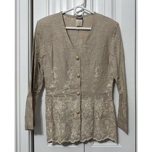 Vintage Judy Knapp Womens Top Tunic Jute Embroidered Medium Beige Button Boho